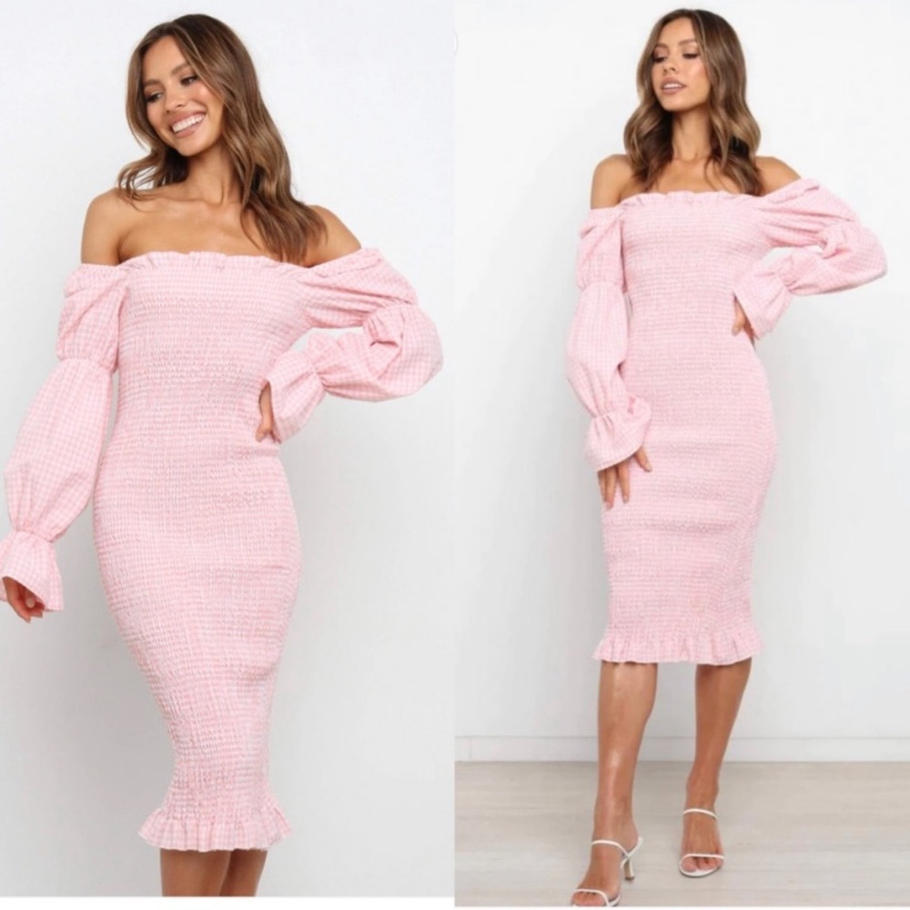SNDYS Courtney Pink Gingham Smocked Midi Dress Revolve Petal & Pup Size 6